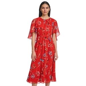 Calvin Klein Floral Draped Sleeve Dress Red 6